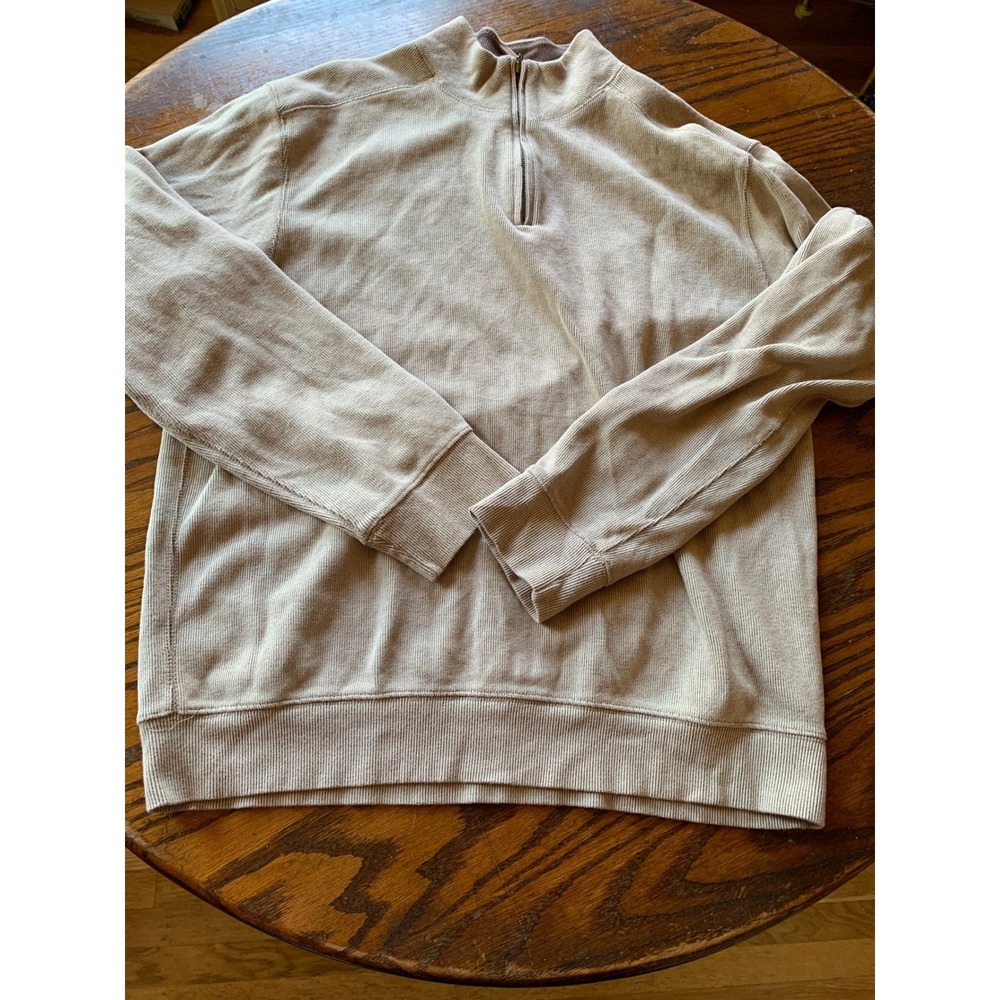 Tasso Elba Mens Quarter Zip Pullover Sweater Tan Ribbed Cotton Large